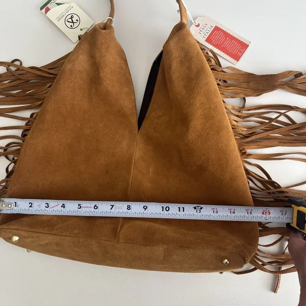Divina Firenze Brown Suede Fringe Hobo Tote Bag Made In Italy Western Boho NWT - Picture 10 of 14